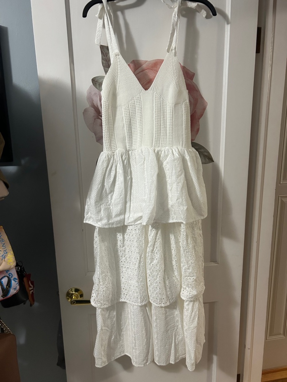 En Saison White Tiered Eyelet Tie-Shoulder Midi Dress